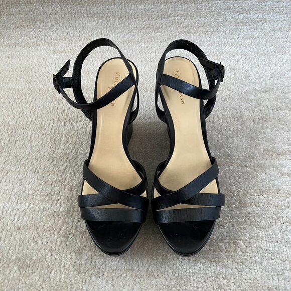 Cole Haan Melrose Black Leather Strappy Platform Wedge Heels Sandals Shoes 8.5 - Picture 2 of 11